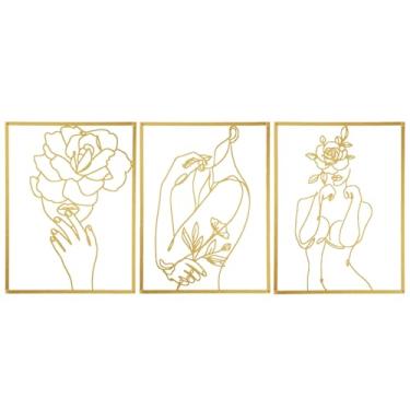 Imagem de GOKURVG Arte abstrata de parede de metal, decoração de parede oca 3D, conjunto de 3 peças de arte de parede 41,9 x 31,8 cm para quarto, sala de estar, escritório, escultura minimalista exclusiva para