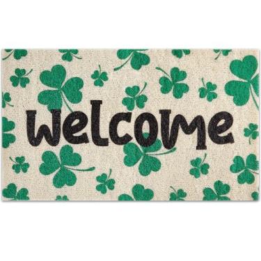 Imagem de Tapete de porta do dia de São Patrício, trevo da sorte, tapete de boas-vindas com estampa de trevo verde, capacho frontal, antiderrapante, tapete para porta de entrada do trevo da sorte, para uso