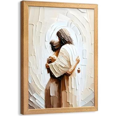 Imagem de Arte de parede em tela com moldura de madeira Jesus abraçando a mulher, pinturas cristãs, decoração religiosa, pôsteres de Jesus, mulheres, imagens de oração, arte de igreja para quarto, igreja, sala