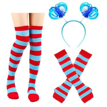 Imagem de Conjunto de meias e luvas de cabeça para fantasia de Dr. Seuss, acessórios para mulheres, meninas, crianças, roupa adulta para coisas 1 2, fantasias de chapéu de gato, suprimentos de festa, Vermelho,