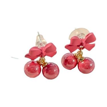 Imagem de Brincos Pendentes Com Laço Rosa, Agulha De Prata S925, Coração, Pérola