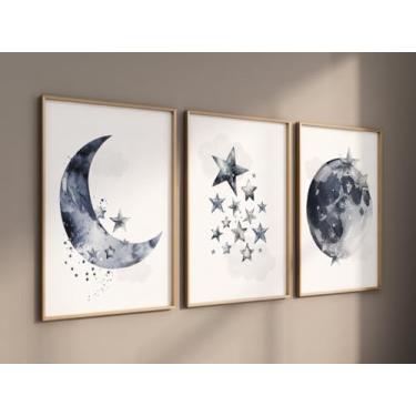 Imagem de Pôster de 3 peças de nuvens e estrelas, impressão de lua e estrelas, arte de parede, azul marinho, arte emoldurada para quarto de meninos e crianças, decoração de sala de estar com moldura interna