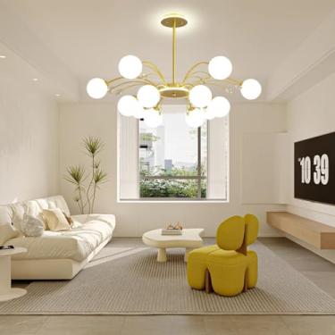 Imagem de Lustre moderno E27 estilo Sputnik, luminária grande para sala de estar com cúpula de vidro branco, design criativo e personalizado, luminária de teto de cristal para quarto, restaurante, caf