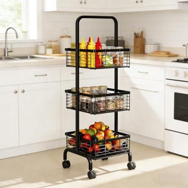 Imagem de ADVEZO Carrinho de rodinhas de 3 camadas, carrinho utilitário de metal resistente com 4 rodas e alça bloqueáveis, organizador de armazenamento multiuso para cozinha, banheiro, lavanderia, despensa