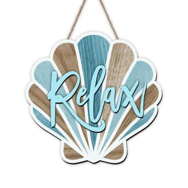 Imagem de Bolisom Placa para porta da frente Coastal Shell Relax, cabide de placa de madeira para verão, mar, oceano, exterior, varanda, decoração de casa, casa de fazenda, guirlanda de madeira, decoração