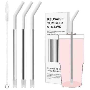 Imagem de Prurex Canudos de metal reutilizáveis com ponta de silicone para Stanley 590 ml, canudos de aço inoxidável para copo de 590 ml, 3 tubos retos e 6 pontas e 1 escova Cleanr (branco)