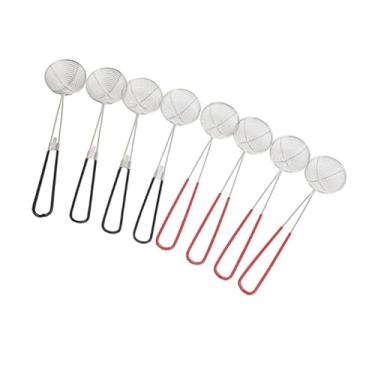 Imagem de 8 PCS Filtro de malha fina Colher de skimmer de aço inoxidável, peneira de alimentos de metal multifuncional com alça para panela quente, fritura e ferramentas de cozinha