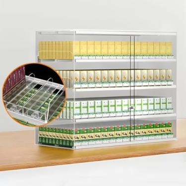 Imagem de Cremalheira de cigarro acrílica transparente montada na parede, suporte automático de dissipação de cigarro, armário de cigarros multifuncional de loja de conveniência, com porta e fechadura, para