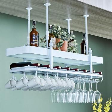 Imagem de Rack de vinho suspenso montado na parede com luzes, barra de teto de metal ajustável rack de vidro com suporte de vidro suporte de garrafa de ferro prateleira de vinho para bar cozinha (cor: branco