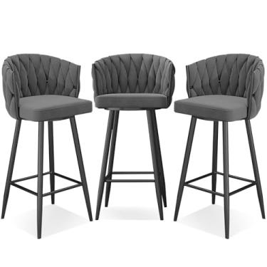 Imagem de Banquetas de bar giratórias modernas de 360°, cadeiras de cozinha estofadas de altura de bar com pernas de aço e apoio para os pés, perna preta cinza, 3 peças