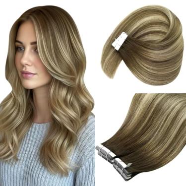 Imagem de Ve Sunny Extensões de cabelo humano com fita adesiva marrom ombré marrom claro destaques fita de cabelo humano loiro em extensões de 35,5 cm extensões de fita de cabelo humano para uso diário 20 peças