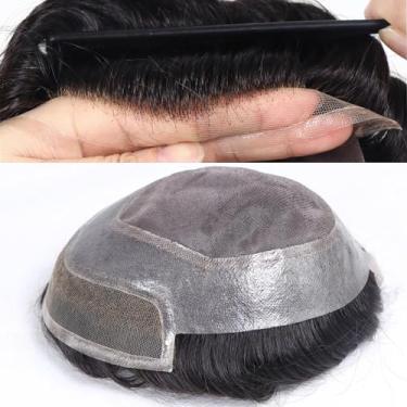 Imagem de HAPPY&CC Toupee masculina suíça renda frontal peças de cabelo humano para homens top fino mono com sistema de substituição de cabelo masculino PU peruca protesis capilar hombre #1B Off Black 15 x 20