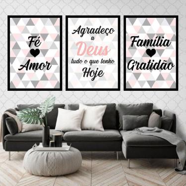 Imagem de Kit 3 Quadros Decorativos Fé Amor Família Triângulos 34x23cm