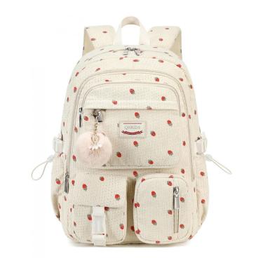 Imagem de Mochila escolar QHRIDS corduroy bege com estampa de morangos, para notebook 38 cm, grande capacidade com bolso antirroubo
