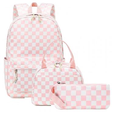 Imagem de Mochila escolar Bluboon juvenil feminina xadrez rosa e branco, conjunto 3 peças com lancheira térmica e estojo, para notebook 35,5 cm