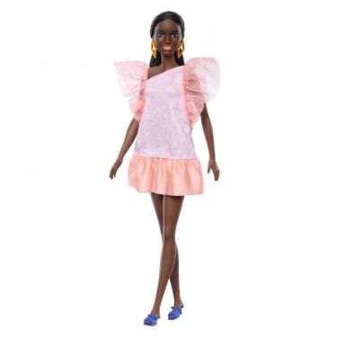 Imagem de Barbie Fashionistas Boneca 216 Corpo Alto Cabelos Pretos Rabo de Cavalo Vestido Festa Rosa Pêssego - 65 Anos Colecionável 2023
