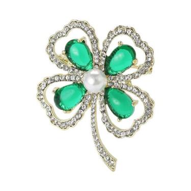 Imagem de Broche Unissex Feminino De Trevo De Quatro Folhas Com Strass E Cristai