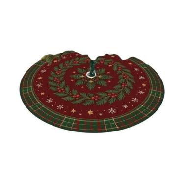 Imagem de Saia Para Árvore De Natal Xadrez Vermelha Com Padrão De Folhagens E Fl