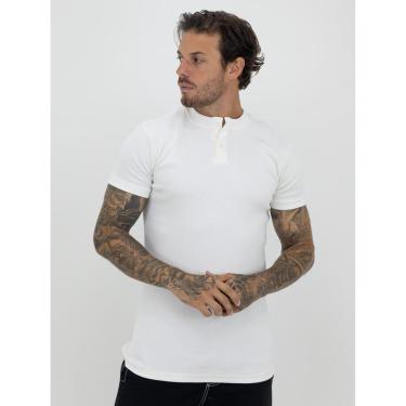 Imagem de Camiseta Slim Canelada Com Botão Lisa Estilo Americano Streetwear Justa ao Corpo Ribana Off White-Masculino