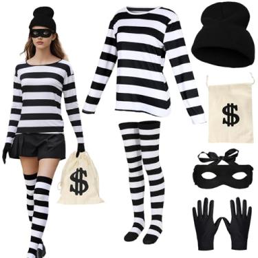 Imagem de Xinxiaomeng Fantasia feminina de ladrão, fantasia de prisioneiro de cadeia, listrada, acessórios de ladrão, roupa de Halloween, Branco, P