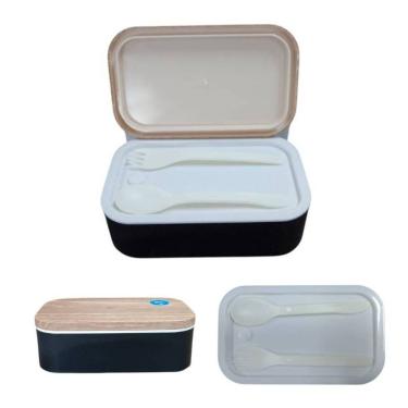 Imagem de Marmita Preta com 3 Compartimentos 900ML para Refeições em PS, PP e Borracha de Silicone com Talher Preto Miniso Brasil