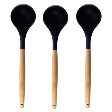 Imagem de Kit 3 Conchas de Silicone com Cabo de Madeira Multiuso Antibacterianas Livre de BPA Amadeirado Oikos
