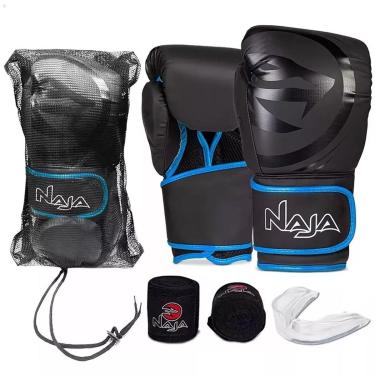 Imagem de Kit Luva Boxe Muay Thai Naja Black Line Bandagem Protetor Bucal Treino Sparring 10oz 12...