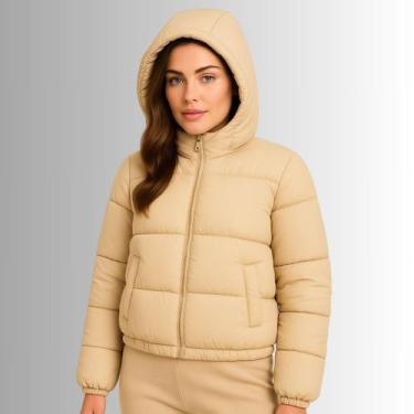 Imagem de Jaqueta Puffer Feminina Preta com Capuz Quente e Confortável Cereja Ro