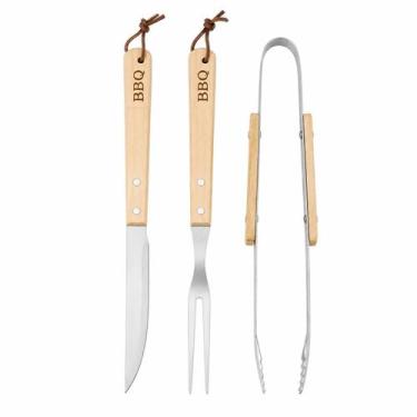Imagem de Kit Churrasco 3 Peças Faca Garfo Pegador Inox Madeira - Casita