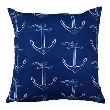 Imagem de Almofada Cheia Azul e Branca Âncora Navio Náutica C/ Refil 45x45 cm - 