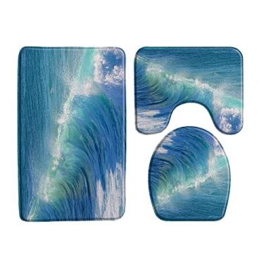 Imagem de Tapete de banho de água do mar oceano azul tapete de banheiro conjunto de 3 peças fundo do mar animal peixe flanela antiderrapante almofada em forma de U conjuntos de decoração de banho de banheiro, 33714J, 400MMx600MM