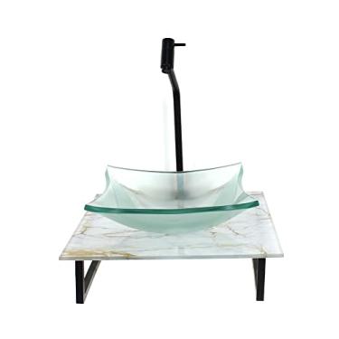 Imagem de KIT CUBA DE VIDRO QUADRADA 10MM INCOLOR COM TAMPO DE VIDRO 40CM X 40CM MÁRMORE BRANCO DOURADO E SUPORTE PRETO