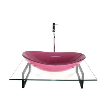Imagem de KIT CUBA DE VIDRO OVAL ROSA COM TAMPO 60CM INCOLOR E SUPORTE PRETO