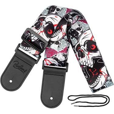 Imagem de BestSounds Pulseira de guitarra de caveira – Alça de guitarra de poliéster ajustável para baixo, guitarras elétricas e acústicas (caveira preta)