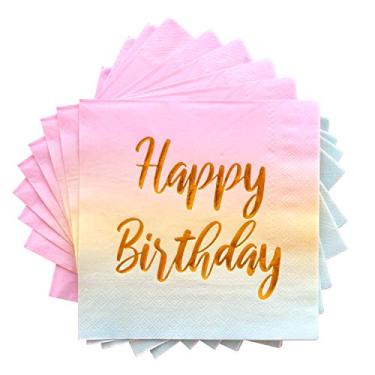 Imagem de Guardanapos Happy Birthday – Pacote com 50 guardanapos de papel descartáveis de aniversário metálicos pastel com impressão de folha dourada em rosa, amarelo, azul, degradê, ombré para artigos de festa de coquetel – 16,5 x 16,5 cm