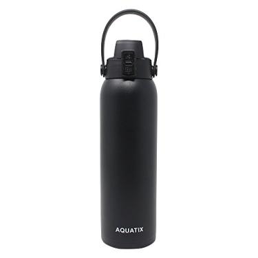 Imagem de New Aquatix (Preto, 947 g) Garrafa de água esportiva isolada a vácuo de parede dupla de aço inoxidável puro com alça removível - Mantém bebidas frias 24 horas/quentes 6 horas