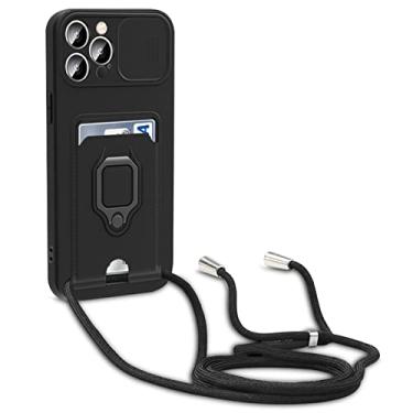 Imagem de Capa para iPhone 14/14 Pro/14 Plus/14 Pro Max, capa traseira fina, capa deslizante de proteção de lente, cordão, anel giratório, slot para cartão, capa TPU à prova de choque, preta, 14 6,1 polegadas