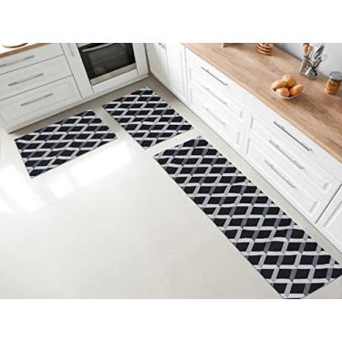 Imagem de Jogo Tapete e Passadeira para Cozinha Antiderrapante em Jacquard - 1,30x0,45m e 65x45cm (Losangos Preto)