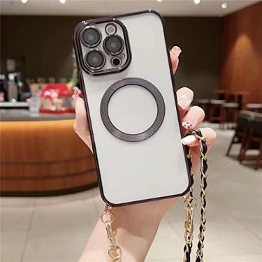 Imagem de FCSWEET Capa compatível com iPhone 14 Pro MAX, capa de silicone galvanizado ultrafina transparente magnética com lente de câmera, protetor flims e capa de telefone de corrente galvanizada para mulheres e meninas - Preto