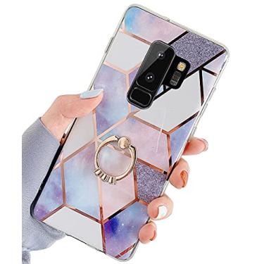 Imagem de SAMTUNK Capa para Galaxy S9 Plus, capa para S9 Plus mármore bonito moda para homens, mulheres e meninas com suporte de anel giratório de 360 graus TPU macio capa à prova de choque projetada para Galaxy S9 Plus Bling azul claro