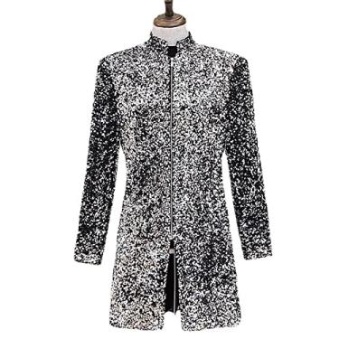 Imagem de Blazer longo sólido de lantejoulas terno jaqueta masculina gola alta zíper roupas de festa baile casamento clássico casaco casual slim fit outwear, prata, M busto: 94 cm)