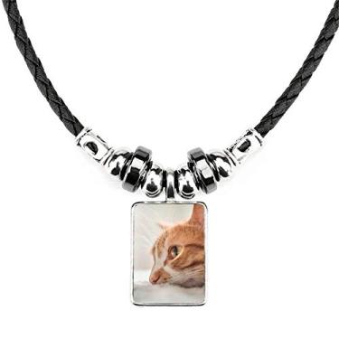 Imagem de DIYthinker Colar com foto de gato puro animal colar joia Torque corda de couro pingente