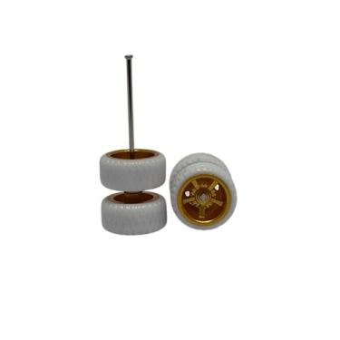 Imagem de Rodas com Pneus de Borracha para Miniaturas 1/64 (Hot Wheels, Maisto, Matchbox, entre outras). (#6 Rodas Gold 5 Raios Pneus Brancos)