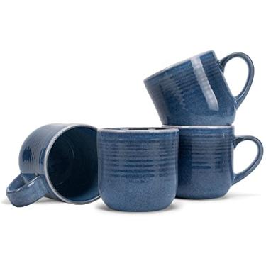 Imagem de Elanze Designs Conjunto de 4 canecas de café de grés de 482 g de esmalte iridescente brilhante azul cobalto