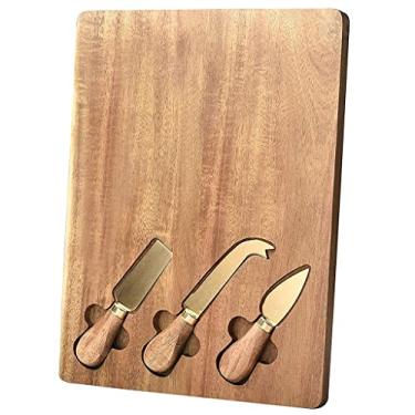 Imagem de Espaçoso Conjunto de tábua de queijo de madeira de acácia, bandeja de queijo, tábua de charcutaria e travessa de queijo com 3 facas de queijo de aço inoxidável Multifuncional