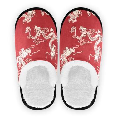 Imagem de GuoChe Chinelos macios felpudos estilo chinês dragões vermelhos para homens espuma de memória chinelos casa chinelos mãos livres, Dragões estilo chinês vermelho, 5-8 Women/4-7 Men