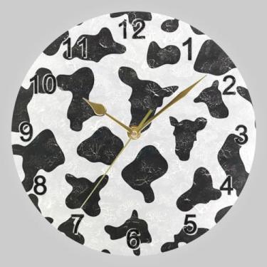 Imagem de CHIFIGNO Relógios de parede redondos de pele de vaca preto e branco, relógio de parede redondo alimentado por bateria 10 para parede de casa