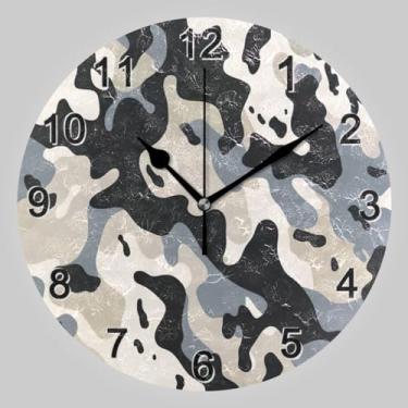 Imagem de CHIFIGNO Relógio redondo de camuflagem cinza preto, relógios de parede operados por bateria relógio de parede relógios silenciosos para cozinha