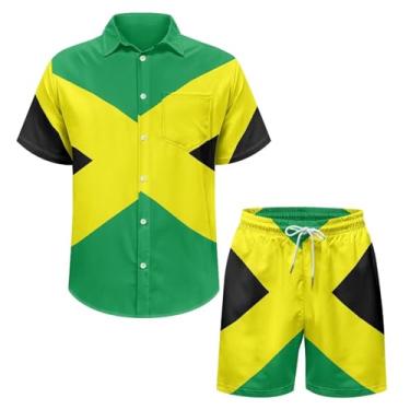 Imagem de Howanight Conjunto masculino casual de camisa havaiana de manga curta e shorts combinando verão praia 2 peças, Amarelo, verde, XXG