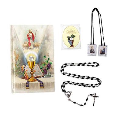 Imagem de Kit de Primeira Comunhão | Pacote de Primeira Comunhão para Meninos e Meninas | Preto ou Branco | Vem com Livro de Comunhão, Rosário, Escapulário e Broche | Kit Vem com Estojo de Plástico | Artigos